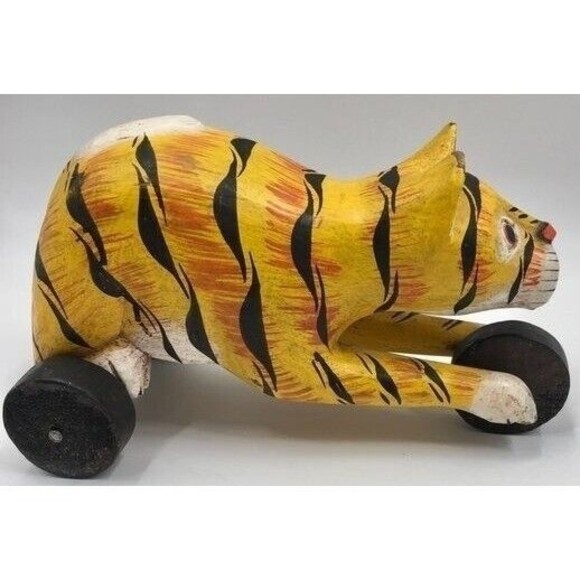 Vintage Wood Yellow Striped Cat Wheels Carved Wooden Folk Art Hand Painted Tiger - Picture 3 of 4